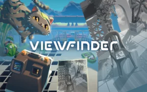 Portada de Viewfinder que muestra una cámara y fotos superpuestas alterando el escenario, con un gato flotando y arquitectura fragmentada.