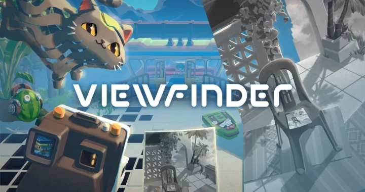 Portada de Viewfinder que muestra una cámara y fotos superpuestas alterando el escenario, con un gato flotando y arquitectura fragmentada.
