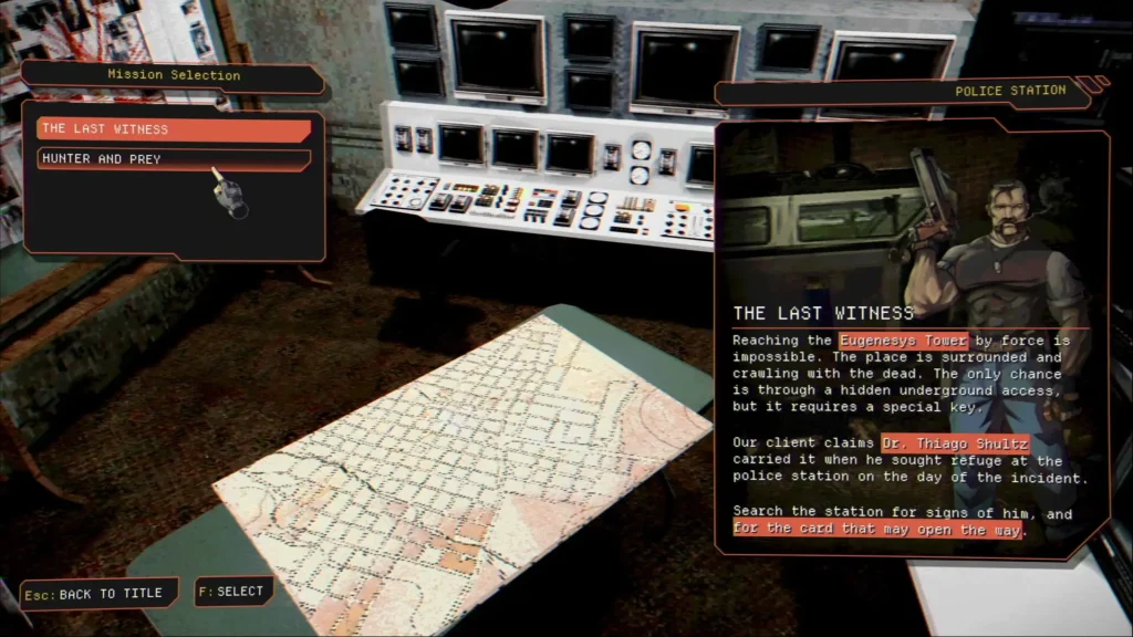 Pantalla de misión en Vultures: Scavengers of Death, con mapa y objetivo en comisaría rodeada de monitores y texto narrativo.