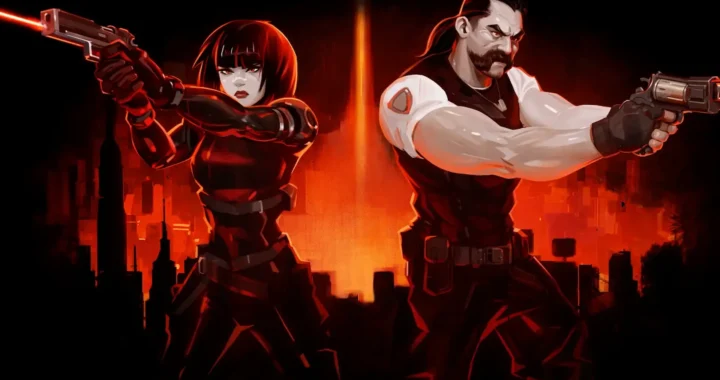 Dos protagonistas armados en Vultures: Scavengers of Death apuntan pistolas ante ciudad roja iluminada por resplandor central.