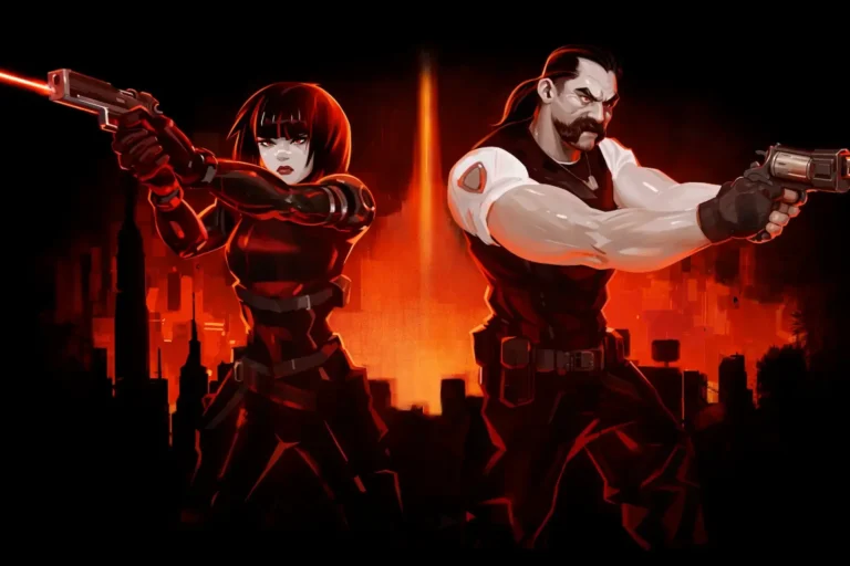 Dos protagonistas armados en Vultures: Scavengers of Death apuntan pistolas ante ciudad roja iluminada por resplandor central.