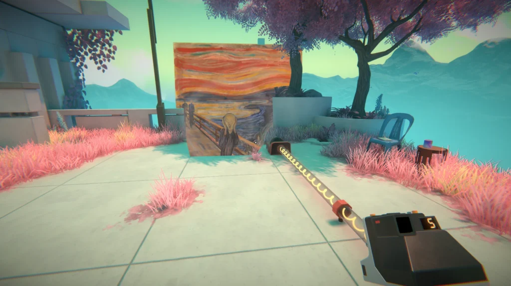 Puzzle de Viewfinder donde una pintura se proyecta en el mundo real, creando un nuevo camino entre vegetación rosada y arquitectura minimalista.