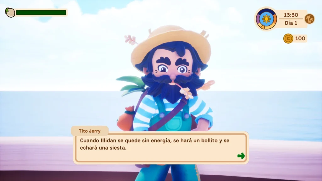 Tío Jerry explica mecánica de descanso mientras sostiene planta en interfaz de Collector's Cove día 1.