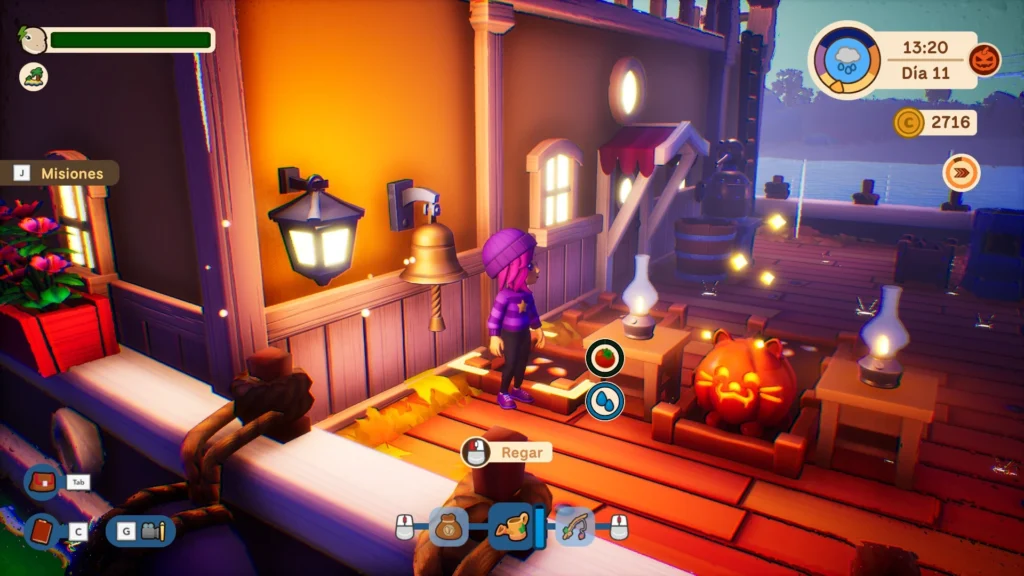 Interior acogedor iluminado con lámparas, calabaza decorativa y personaje explorando en Collector's Cove día 11.