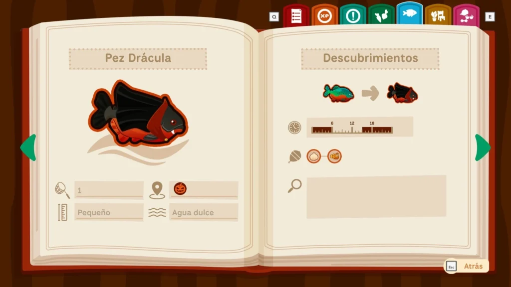 Enciclopedia mostrando ficha de Pez Drácula con datos de tamaño y hábitat en Collector's Cove.