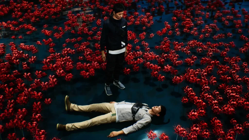 K.K. de pie sobre un cuerpo tendido de Akito entre flores rojas araña en una escena onírica de GhostWire: Tokyo.