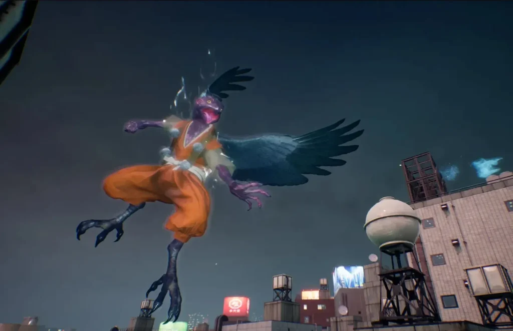 Un tengu con alas de cuervo y ropaje naranja sobrevuela los tejados nocturnos de Tokio en GhostWire: Tokyo.