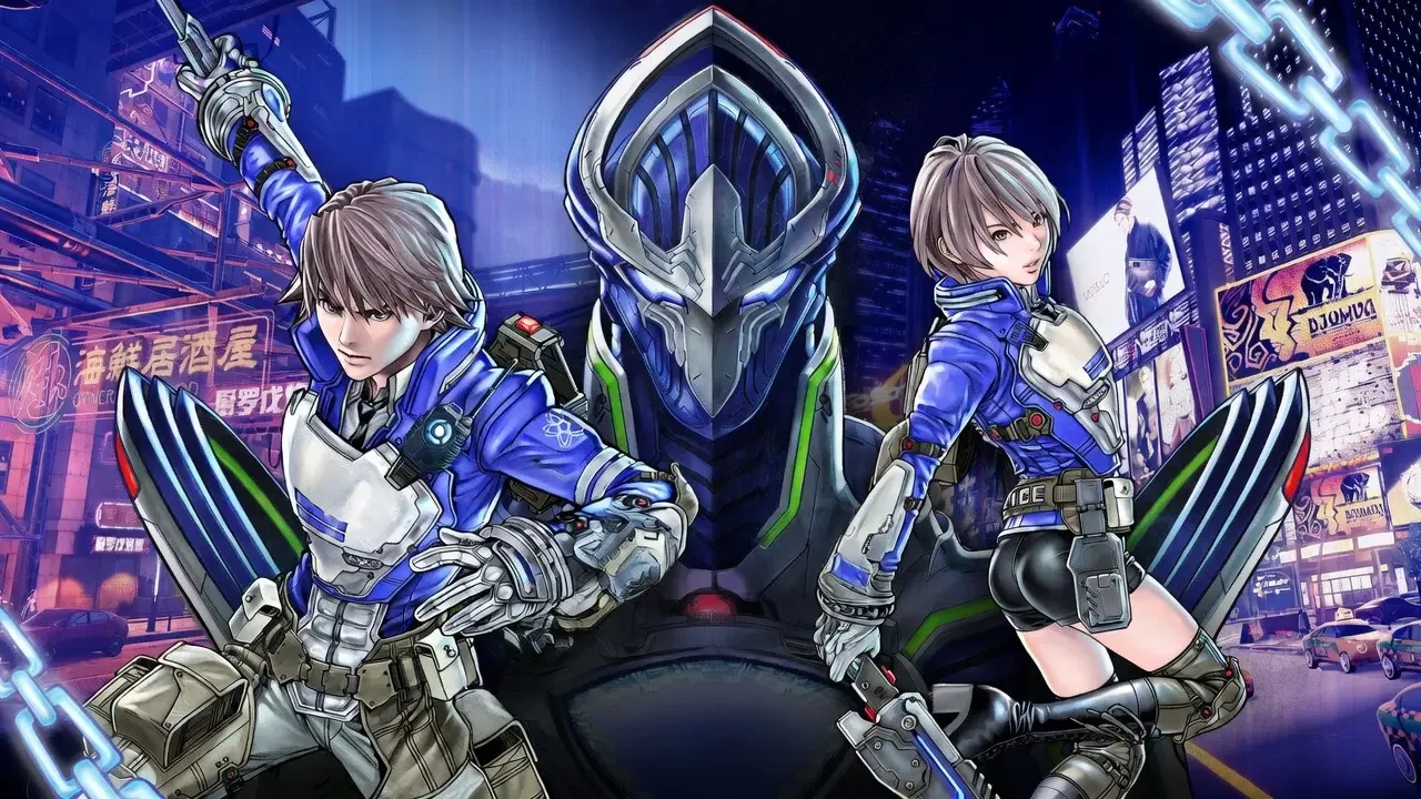 Los dos protagonistas futuristas y una legión en ciudad neón de Astral Chain con rascacielos y luces.