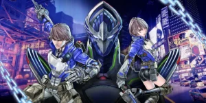 Los dos protagonistas futuristas y una legión en ciudad neón de Astral Chain con rascacielos y luces.
