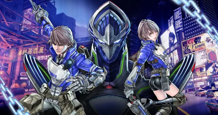 Los dos protagonistas futuristas y una legión en ciudad neón de Astral Chain con rascacielos y luces.