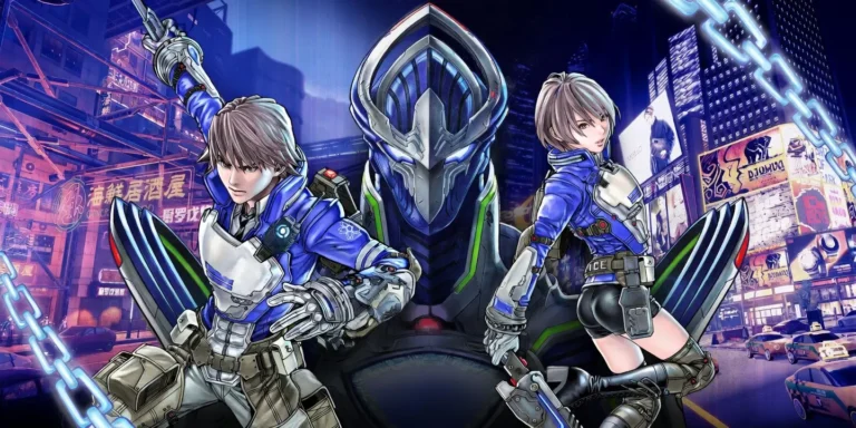 Los dos protagonistas futuristas y una legión en ciudad neón de Astral Chain con rascacielos y luces.