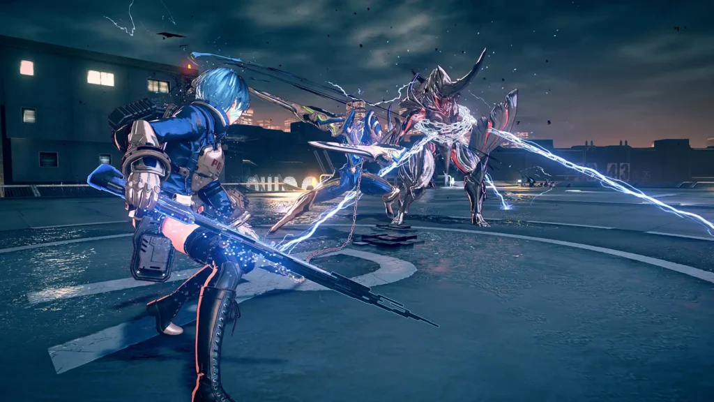 Combate contra quimera alienígena en estacionamiento nocturno con espada energética en Astral Chain.