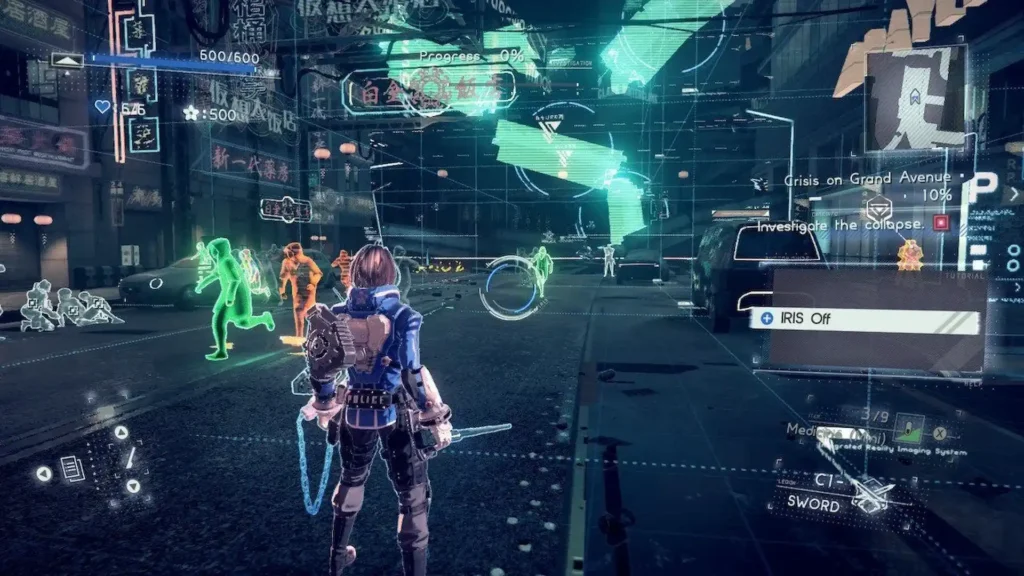 Interfaz holográfica mostrando misión en Grand Avenue con civiles proyectados en verde en Astral Chain.