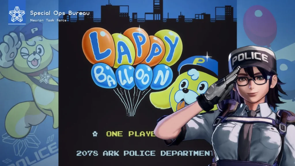 Pantalla de título de minijuego Lappy Balloon con oficial armada en estilo retro en Astral Chain.