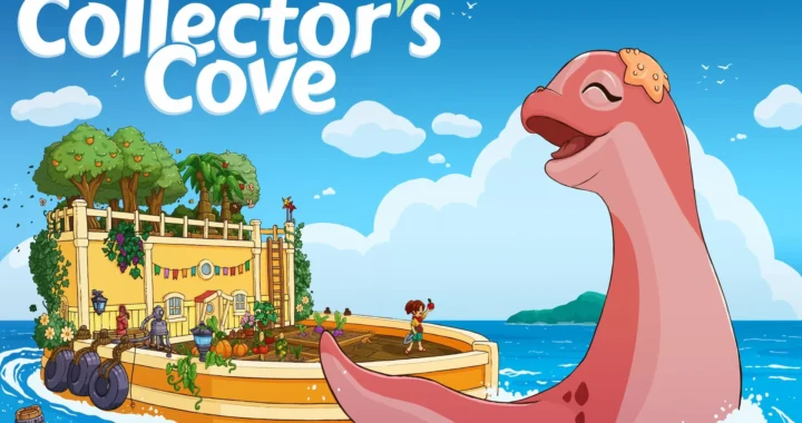 Barco-jardín navegando sobre dinosaurio marino rosa gigante en Collector's Cove con casa amarilla y vegetación exuberante.