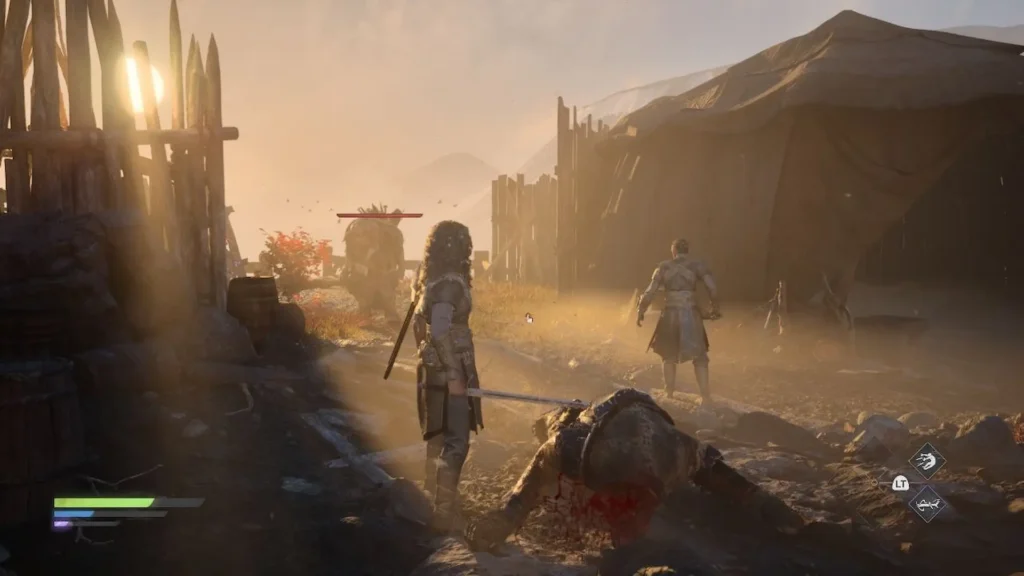 Ryn posando en un pueblo devastado con enemigos al fondo y cadáveres en Echoes of the End.