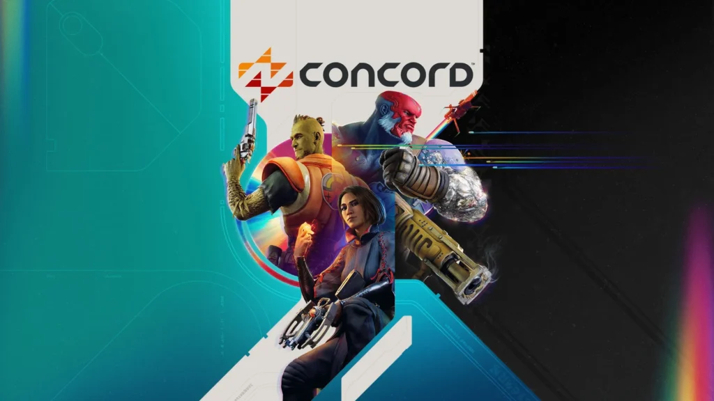 Arte promocional de Concord con tres héroes armados posando ante fondo dividido en colores vibrantes.