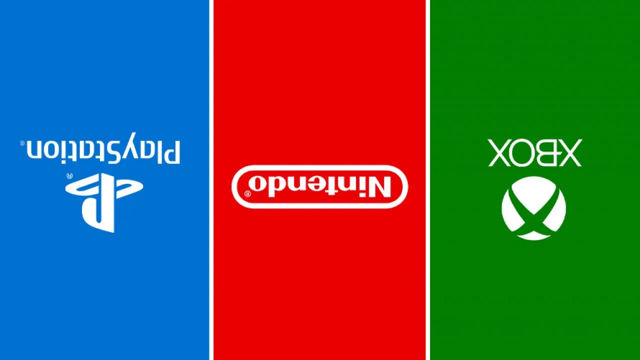 Logos de PlayStation, Nintendo y Xbox invertidos sobre franjas azul, roja y verde, aludiendo a la industria del videojuego.