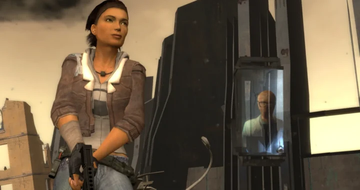 Alyx Vance armada junto a un científico en una pantalla en Half-Life 2