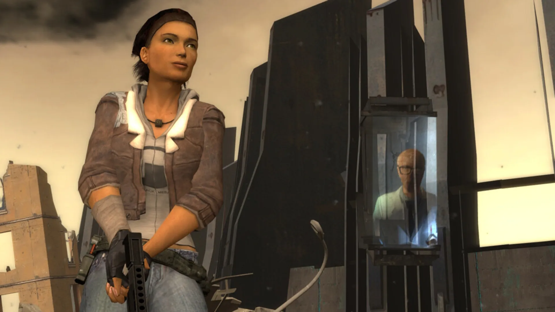 Alyx Vance armada junto a un científico en una pantalla en Half-Life 2