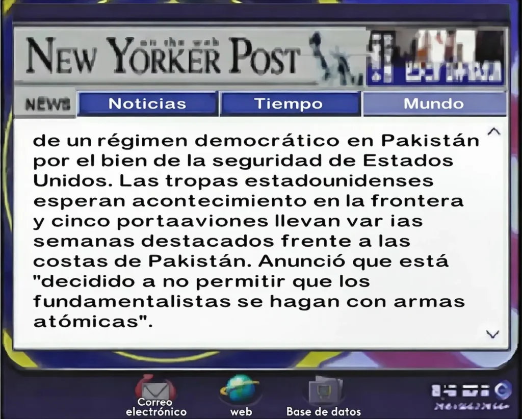 En Fahrenheit, una pantalla muestra noticia sobre Pakistán y tropas de EE. UU., con menú de noticias y opciones web visibles.