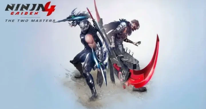 Dos guerreros ninja empuñando espadas gigantes en pose dinámica en el DLC de Ninja Gaiden 4: The Two Masters.