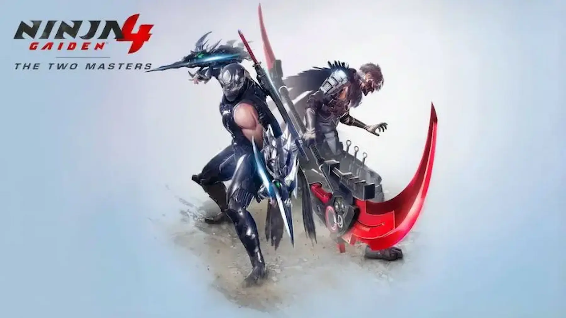 Dos guerreros ninja empuñando espadas gigantes en pose dinámica en el DLC de Ninja Gaiden 4: The Two Masters.