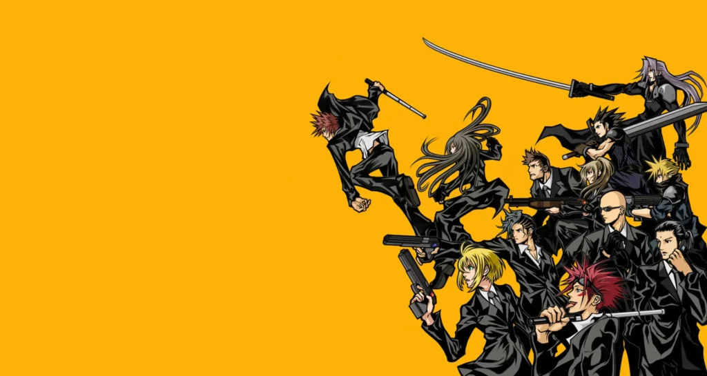 Collage de personajes de Final Fantasy VII: Before Crisis con trajes negros empuñando armas sobre fondo naranja vibrante.