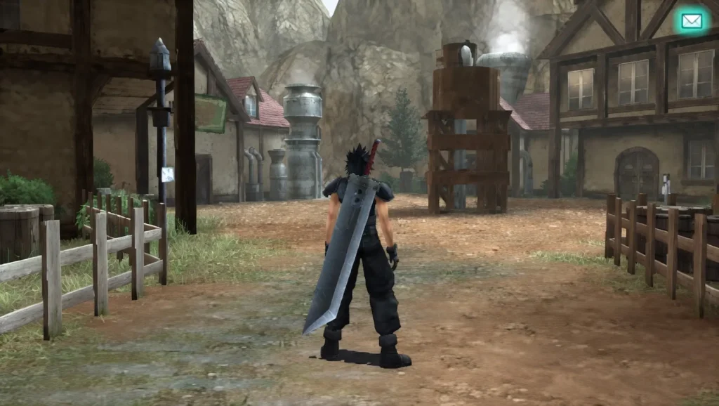 Zack Fair parado en Nibelheim con Espada Mortal en la espalda junto a vallas y casas de madera.