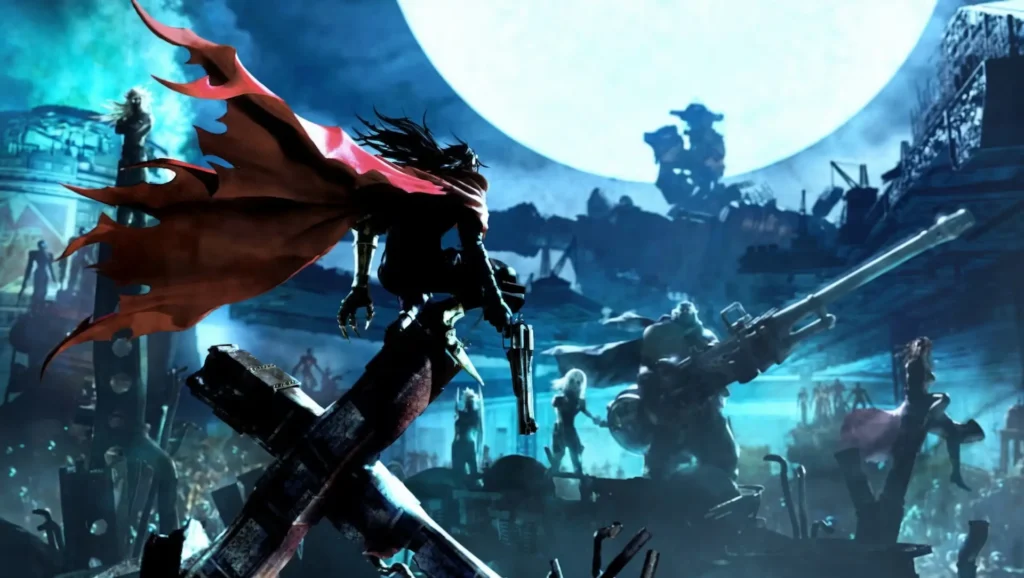 Silueta de Vicent Valentine con capa roja en campo de batalla devastado bajo luna llena gigante de Dirge of Cerberus.