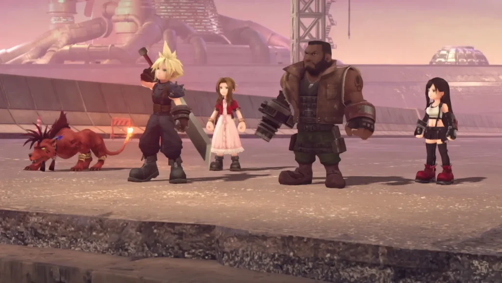 Equipo chibi con Cloud, Aerith, Barret y Tifa junto a Red XIII en carretera en la salida de Midgard.