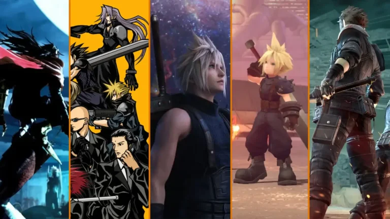 Cinco franjas mostrando evolución visual de juegos de Final Fantasy VII desde siluetas hasta gráficos realistas modernos.