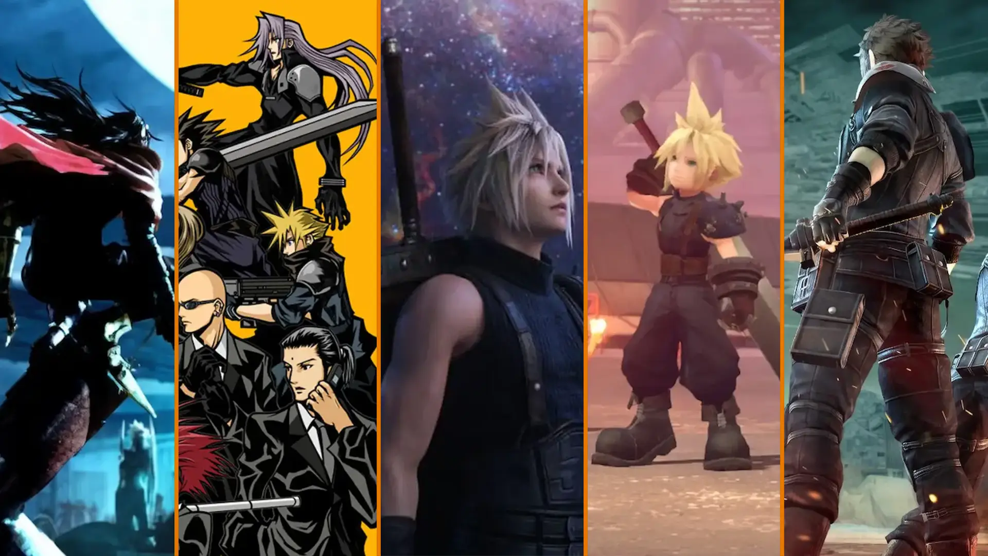 Cinco franjas mostrando evolución visual de juegos de Final Fantasy VII desde siluetas hasta gráficos realistas modernos.