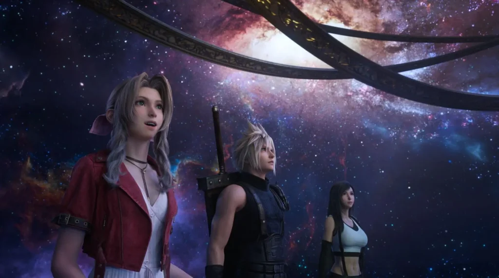 Aerith, Cloud y Tifa contemplando cosmos estrellado bajo estructura flotante con nebulosa multicolor en Final Fantasy VII Rebirth.