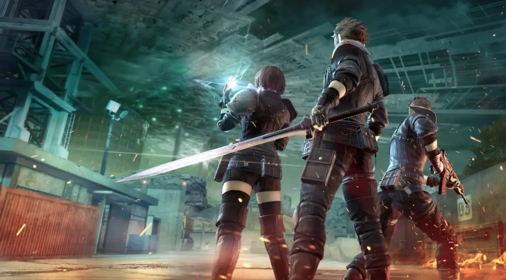 Trío de héroes de juegos de Final Fantasy VII enfrentando amenaza en reactor con efectos lumínicos verdes y chispas doradas.