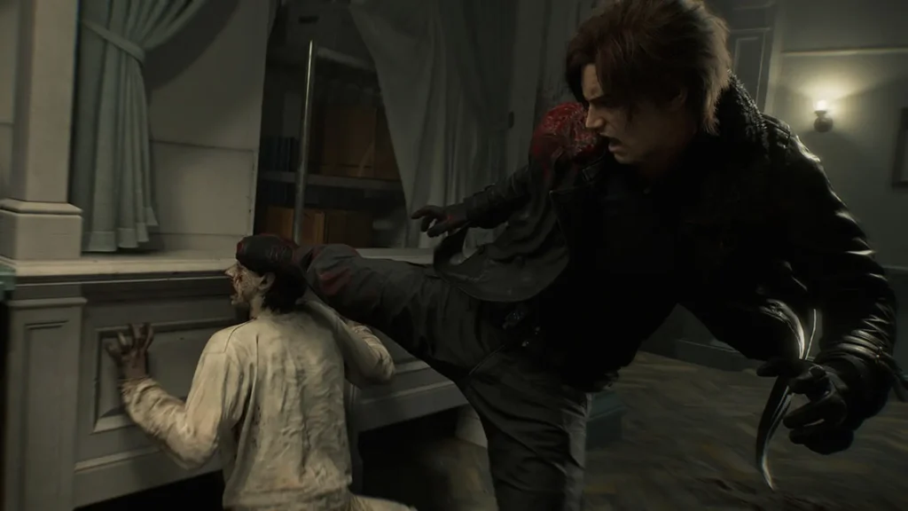 Leon Kennedy ataca a un infectado en una habitación de Resident Evil Requiem mostrando su estilo de combate agresivo.