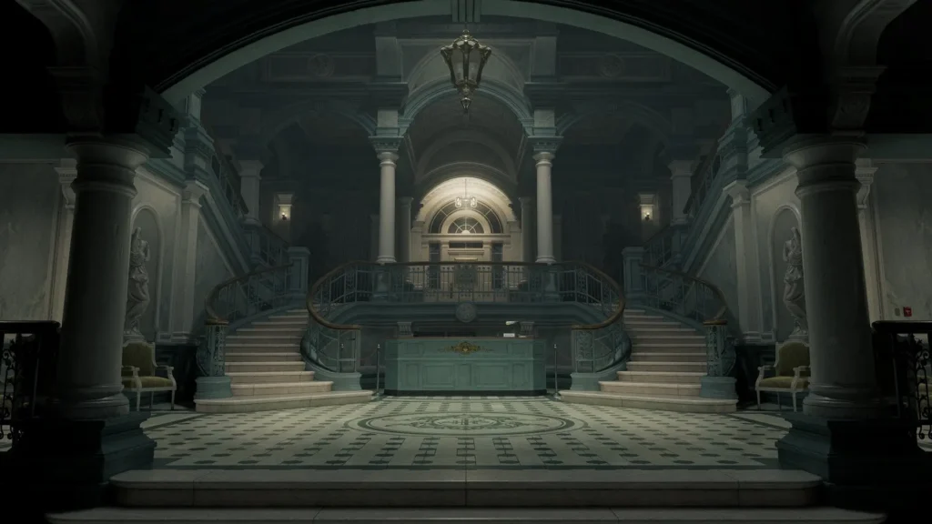 Hall central del sanatorio Rhodes Hill en Resident Evil Requiem: escaleras simétricas, columnas y luz tenue y opresiva.