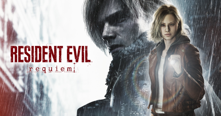 Arte oficial de Resident Evil Requiem con Grace Ashcroft en primer plano y Leon Kennedy como silueta bajo la lluvia.