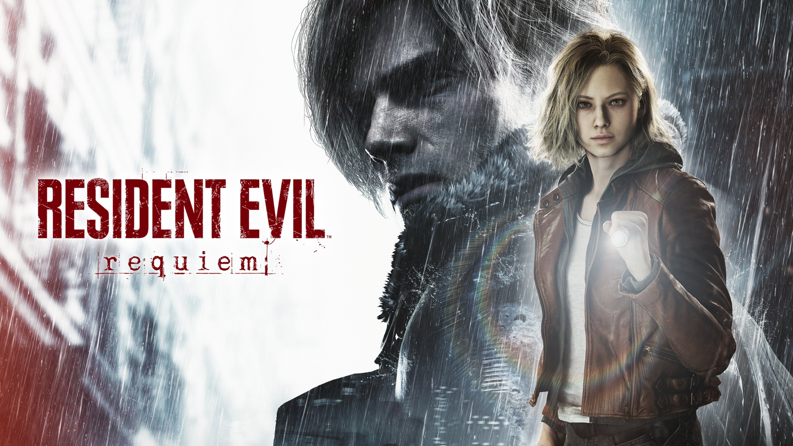 Arte oficial de Resident Evil Requiem con Grace Ashcroft en primer plano y Leon Kennedy como silueta bajo la lluvia.