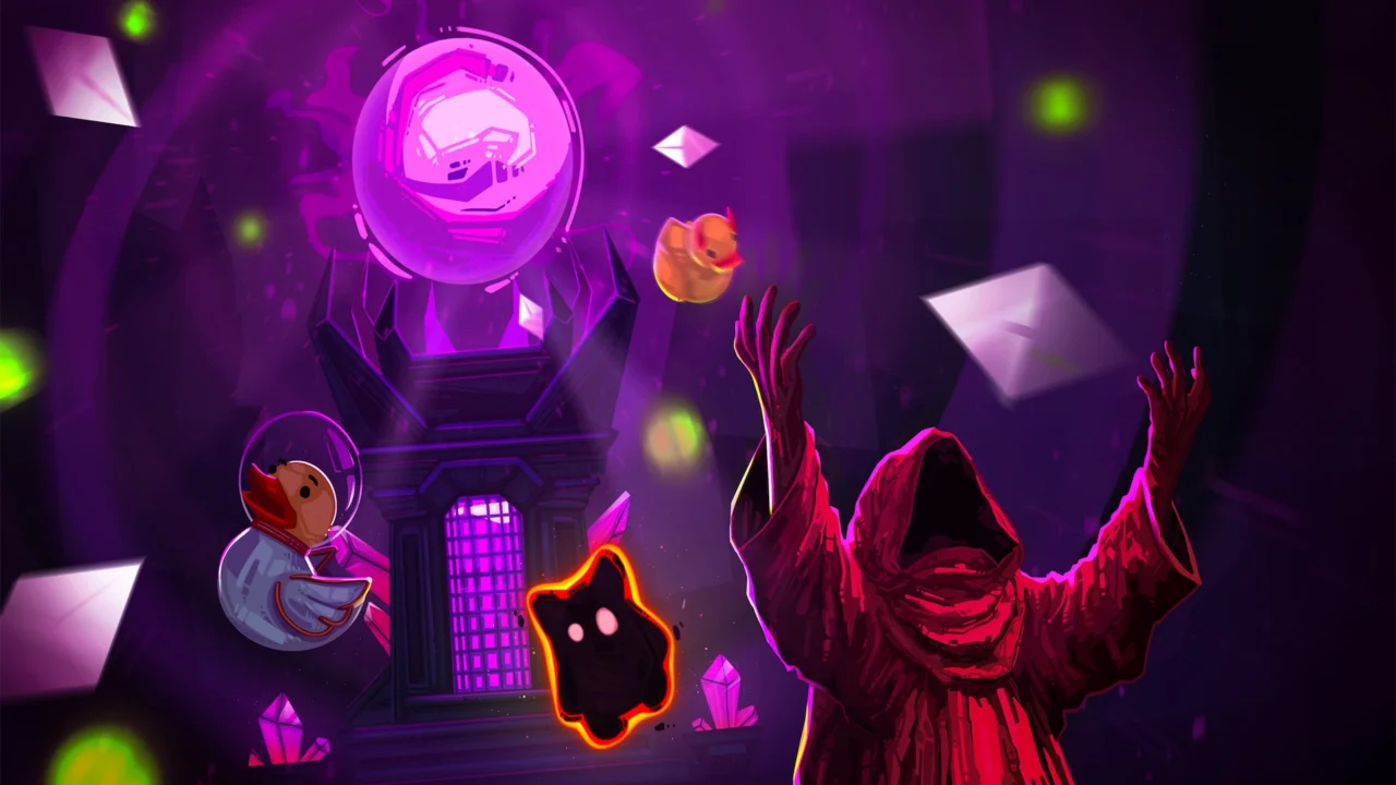 Arte promocional de All Hail the Orb: un cultista encapuchado invoca el orbe mientras un pato de goma y criaturas flotan a su alrededor.