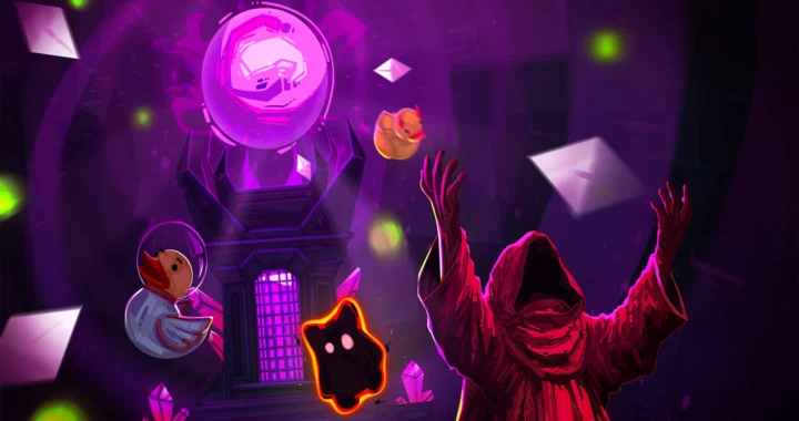 Arte promocional de All Hail the Orb: un cultista encapuchado invoca el orbe mientras un pato de goma y criaturas flotan a su alrededor.