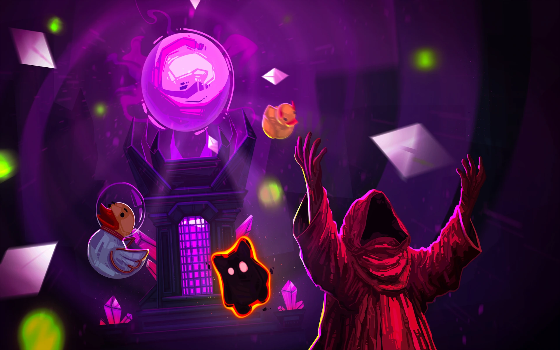 Arte promocional de All Hail the Orb: un cultista encapuchado invoca el orbe mientras un pato de goma y criaturas flotan a su alrededor.