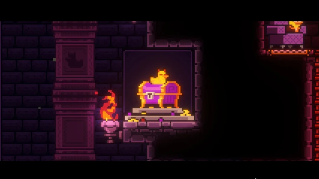 El rey pato en su trono dorado y púrpura en una mazmorra oscura de All Hail the Orb, rodeado de monedas.