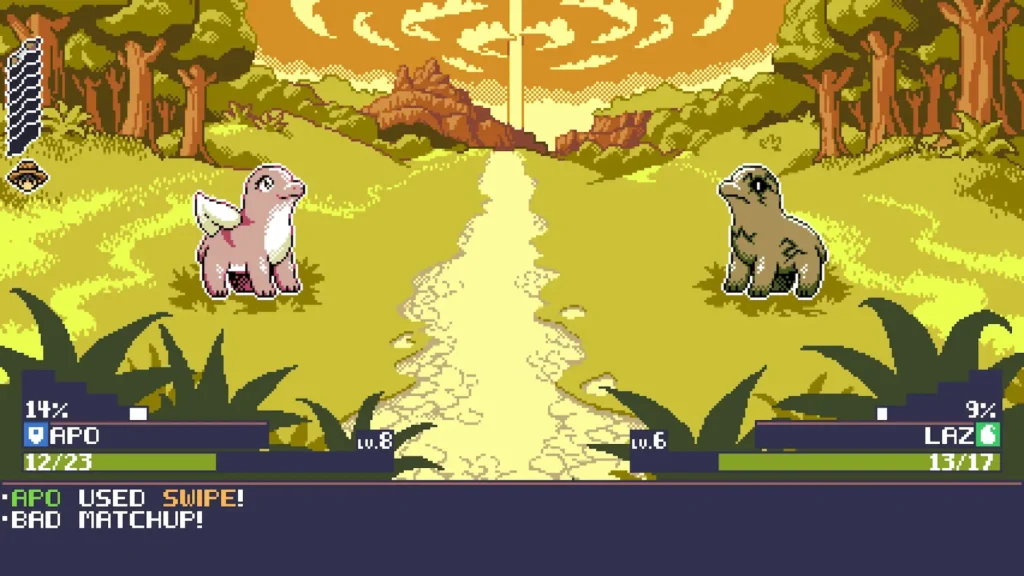 Combate por turnos en Monster Crown: Sin Eater entre dos criaturas en un escenario boscoso bañado en luz dorada y tonos ocres.