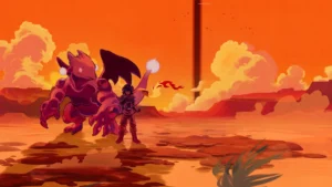 Arte promocional de Monster Crown: Sin Eater con un entrenador y una criatura demoníaca ante un cielo naranja apocalíptico.