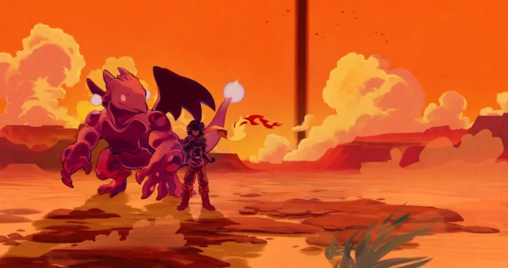 Arte promocional de Monster Crown: Sin Eater con un entrenador y una criatura demoníaca ante un cielo naranja apocalíptico.