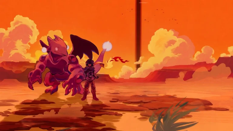 Arte promocional de Monster Crown: Sin Eater con un entrenador y una criatura demoníaca ante un cielo naranja apocalíptico.