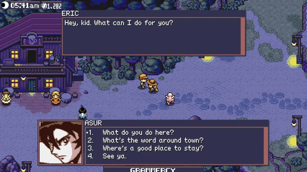 Sistema de diálogos de Monster Crown: Sin Eater con Asur eligiendo respuesta frente a Eric en una ciudad nocturna de tonos violetas.