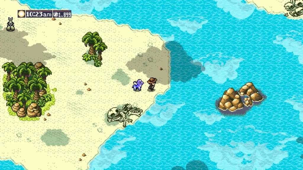 El protagonista de Monster Crown: Sin Eater explora una playa en pixel art junto a una criatura azul, con un esqueleto gigante en la orilla.