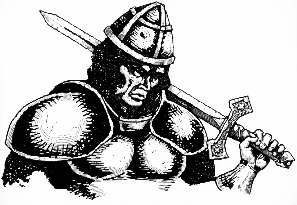 Guerrero de la Alianza en Warcraft ilustrado en tinta: soldado fornido con escudo redondo, yelmo cónico y hacha, gesto amenazante.